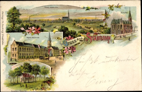 Litho Stadtlohn im Münsterland, Stadtpanorama, Hotel Decking, Gnaden Kapelle, Kirche