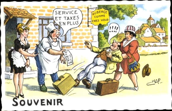 Artist Postcard Chaperon, Jean, Man receives bill from a pension and faints