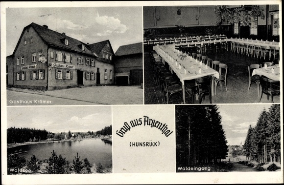Postcard Argenthal im Hunsrück, inn Kramer, interior view, forest lake