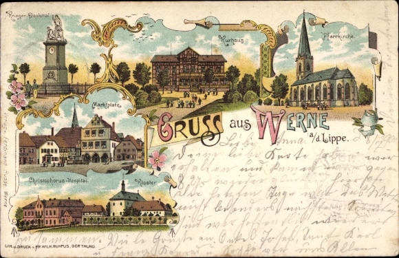 Chromo-Litho Werne an der Lippe Westphalia, Christophorus Hospital, monastery, spa house, parish church, market place