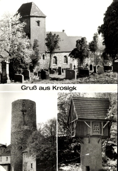 Ak Krosigk Petersberg im Saalekreis, Kirche, Bergfried der Wasserburg, Taubenturm