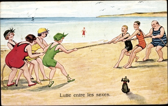 Ak Lutte entre les sexes, Personen in Badeanzügen beim Tauziehen am Strand