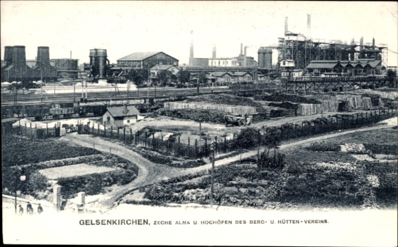 Postcard Gelsenkirchen in the Ruhr area, Alma colliery, blast furnaces of the Mining and Metallurgy Association