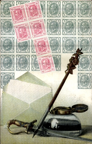Briefmarken Ak Tintenfass, Brieföffner, 5 und 10 Pfennig Marken