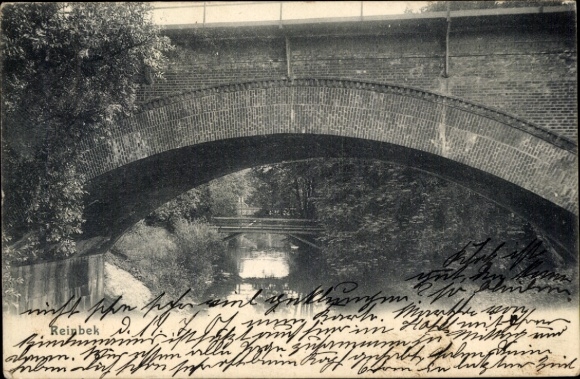 Postcard Reinbek in Schleswig-Holstein, bridge over water, trees in the background, quiet scene