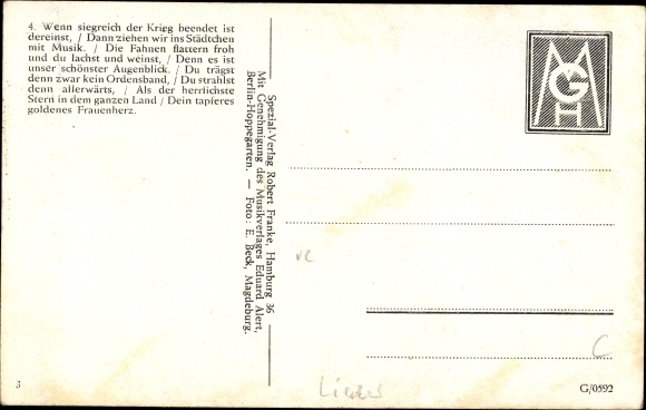 Song Postcard brave little soldier&#39;s wife, Carl Sträßer, German Wehrmacht
