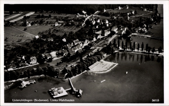 Postcard Unteruhldingen Uhldingen Mühlhofen am Bodensee, aerial photography, pile dwellings