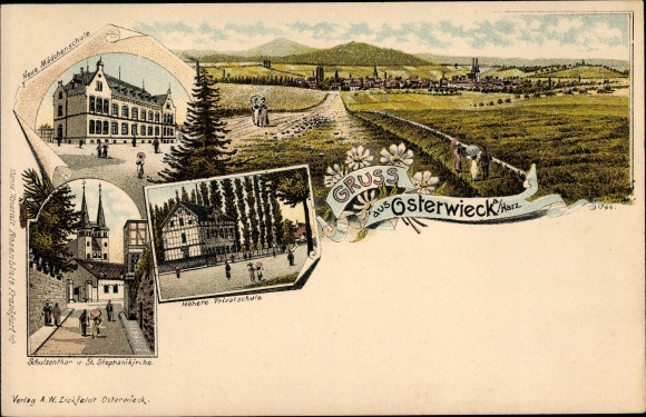 Chromo-Litho Osterwieck am Harz, new girls&#39; school, school centor, St. Stephanikirche, higher private school