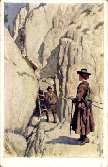 Ak Niederlössnitz Niederlößnitz Radebeul Sachsen, Berglandschaft mit zwei Leitern zwei Persone...