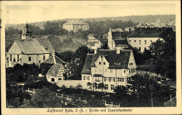 Ak Roda Stadtroda in Thüringen, Schwarz-Weiß-Bild, Stadtansicht, Kirche, Superintendentur, Histor
