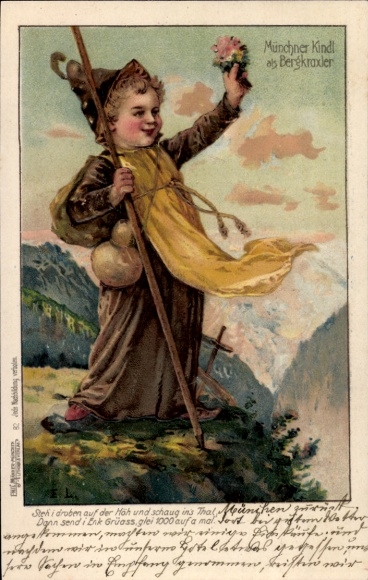 Chromo-Litho Münchner Kindl as a mountain climber