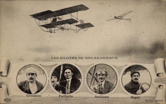 Postcard biplane pilots Crochon, Paillette, Daillens, Rigal
