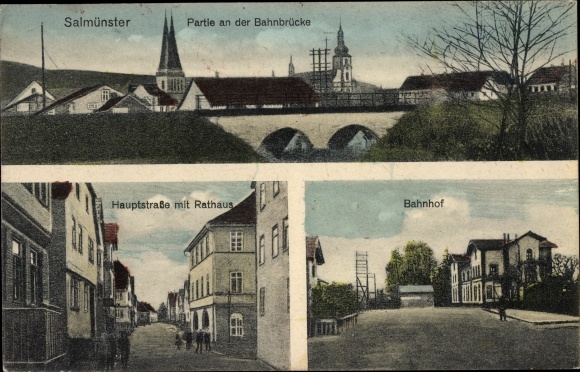 Ak Bad Soden Salmünster in Hessen, gedeelte bij de spoorbrug, hoofdstraat, gemeentehuis, treinstation