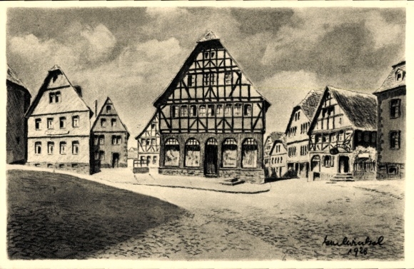 Artist Postcard Winkel, Karl, Lauterbach an der Lauter Vogelsbergkreis, Hohbrücke, half-timbered houses