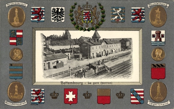 Embossed coat of arms Passepartout Postcard Bettemburg Bettemburg Luxembourg, Gare, Perron