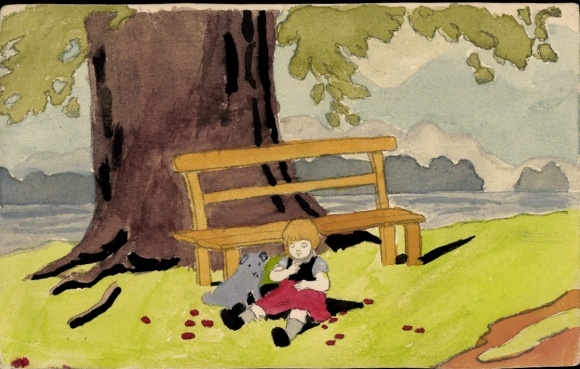 Hand-painted Postcard girl with dog under a tree, lake