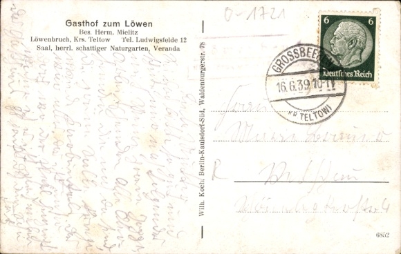 Postcard Löwenbruch Ludwigsfelde in Brandenburg, Dorfstraße, Gasthof zum Löwen, Schloss