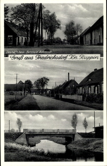 Ak Friedrichsdorf Großderschau im Havelland, Fluss, Brücke, Geschäftshaus