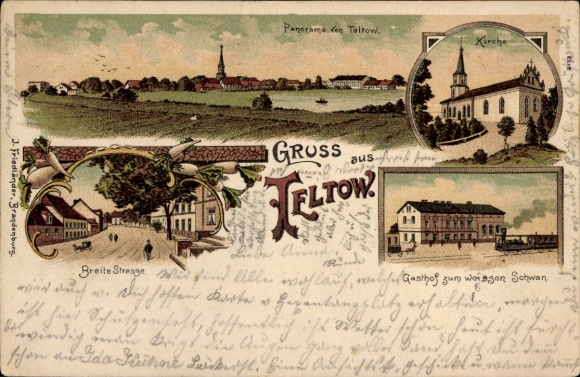 litho Teltow in Brandenburg, panorama, Breite Straße, Gasthof zum weissen Schwan, kerk