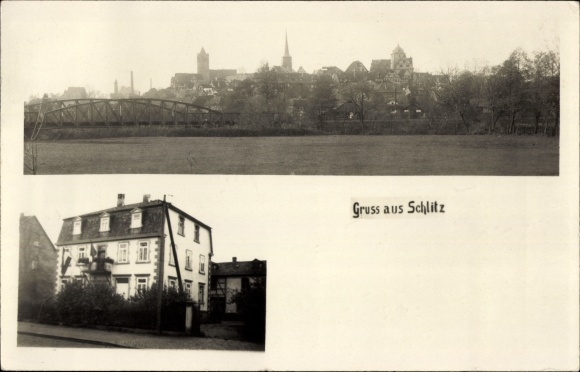 Ansichtkaartslot in Hessen, totaaloverzicht, brug, villa