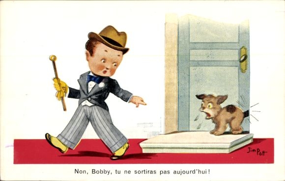 Artist Postcard Patt, J., Barking dog at the doorstep, boy, walking stick, injured dog tail