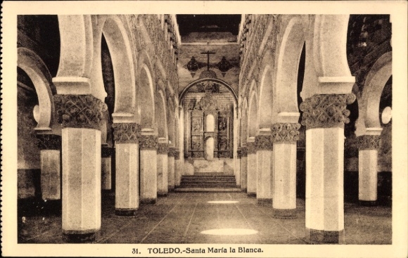 Ak Toledo Castilië La Mancha Spanje, binnenaanzicht van Santa María la Blanca, kolommen, bogen, cre