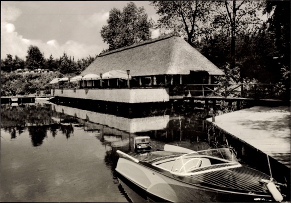Postcard Güster in Lauenburg, camping site on Prüss Lake, motor boat, shore, terrace