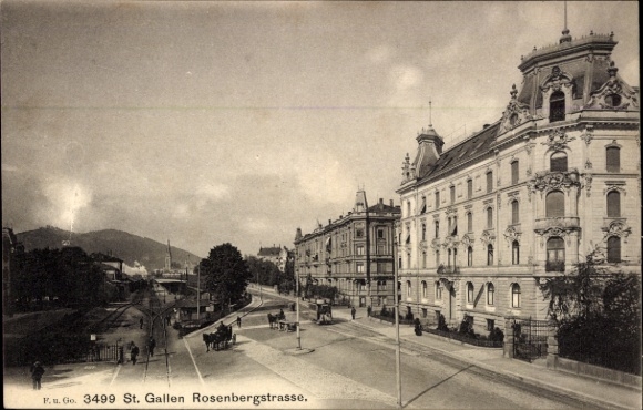 KP St. Gallen City Szwajcaria, Rosenbergstrasse, widok z ulicy, budynek, powóz konny