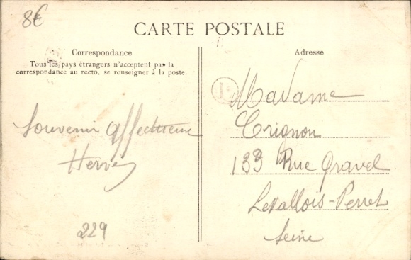 Postcard Damville Eure, panoramic view of buildings, path, trees, church