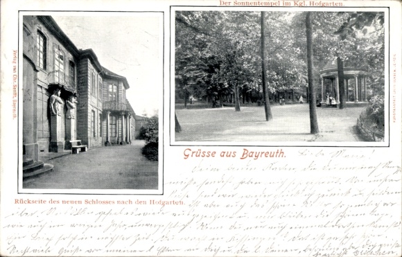 Ak Bayreuth in Opper-Franken, achterkant van het kasteel, zonnetempel in de hoftuin, groeten uit Bayreuth
