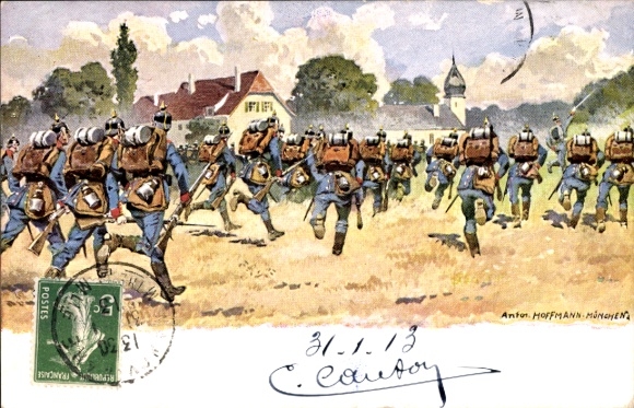 Artist Postcard Hoffmann, Anton, German soldiers in uniforms, marching gear