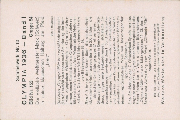 Collector's card Olympic Games 1936, gymnast Mack, Switzerland, on horseback