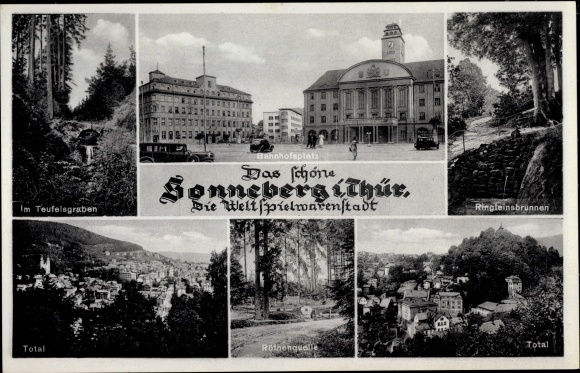 Ak Sonneberg Thüringen, Bahnhofsplatz, Ringleinsbrunnen, Teufelsgraben, Röthenquelle, Totalansicht