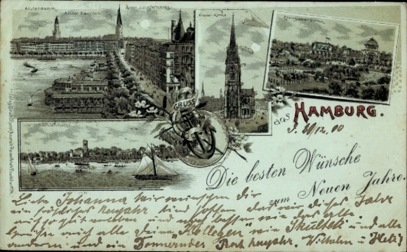 Postcard Hamburg Mitte Neustadt, view of Alster, towers, ships, greetings, Happy New Year