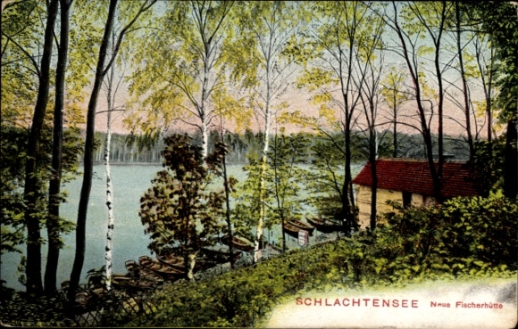 Postcard Berlin Zehlendorf, Schlachtensee, New Fisherman's Hut, picturesque landscape, water, trees