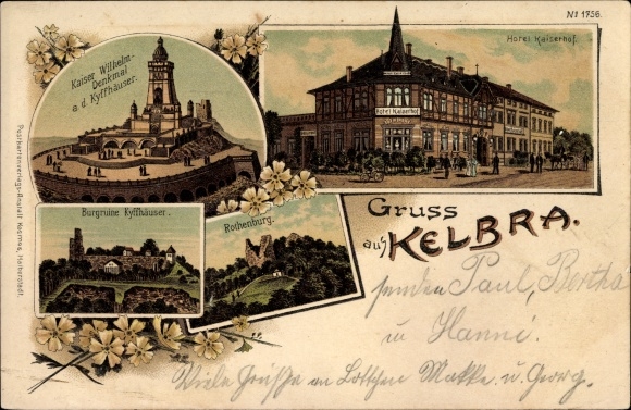 Chromo-Litho Kelbra Südharz, Kaiser Wilhelm monument, castle ruins, Kyffhäuser, Rothenburg, Hotel Kaiserhof