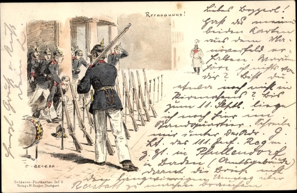 Kunstenaar Litho Becker, Carl, Raus, Duitse soldaten, geweren, marching drum