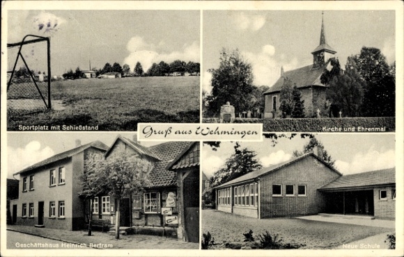 Postcard Wehmingen Sehnde in Lower Saxony, sports field with shooting range, church and memorial, shops...