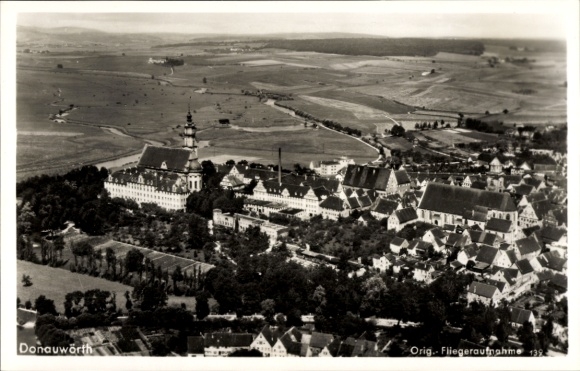 Postcard Donauwörth in Swabia Bavaria, aerial view of city view, monastery, landscape, black and white