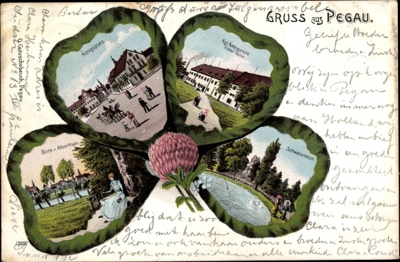 Clover Leaf Chromo-Litho Pegau in Saxony, District Court, Königsplatz, Schwanenteich