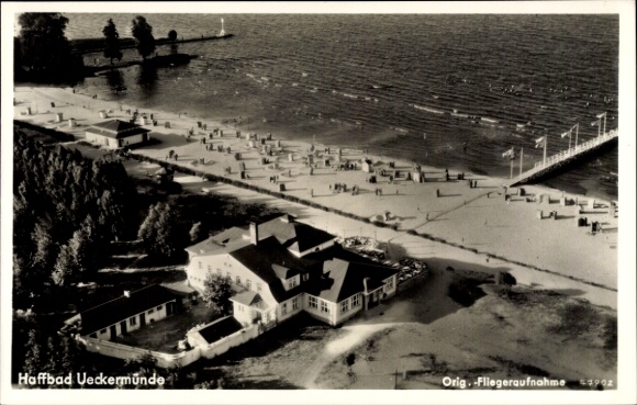 Postcard Ueckermünde, aerial photograph of the beach and spa house