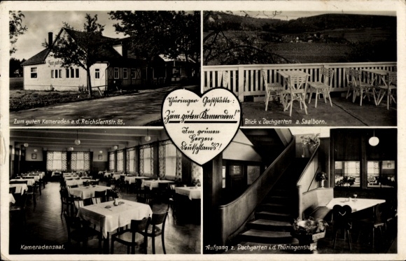 Postcard Blankenhain in Thuringia, Restaurant Zum guten Kameraden, Comrades Hall, view from the roof garden,