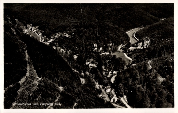 Postcard Diemerstein Frankenstein in the Palatinate, aerial view of wooded landscape, winding St