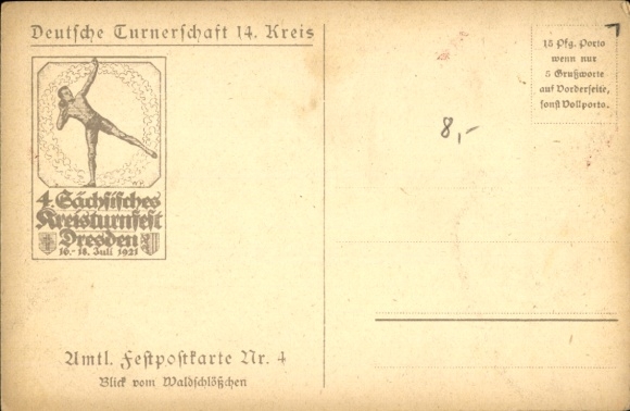 Coat of arms artist Postcard Dresden, 4th Saxon District Gymnastics Festival 1921, city view from the Waldschlösschen
