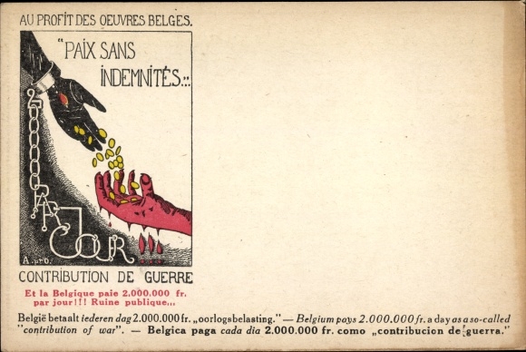 Postcard For the benefit of Belgian works, Peace without compensation, War Contribution
