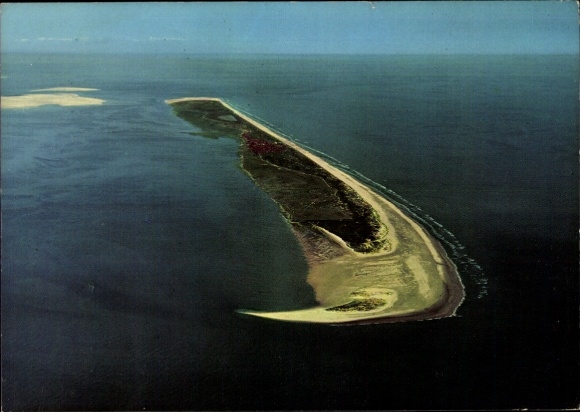 Postcard North Sea resort Juist in East Frisia, aerial view of a long island surrounded by water