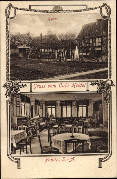 Postcard Ponitz Thuringia, greeting from Café Heidel, garden, interior view