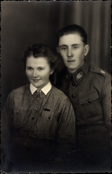 Photo Postcard Finland, soldier in uniform, Lotta Svärd helper, WW II