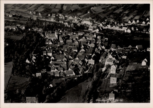 Postcard Creglingen an der Tauber, aerial photograph of Creglingen, houses and landscape, black and white