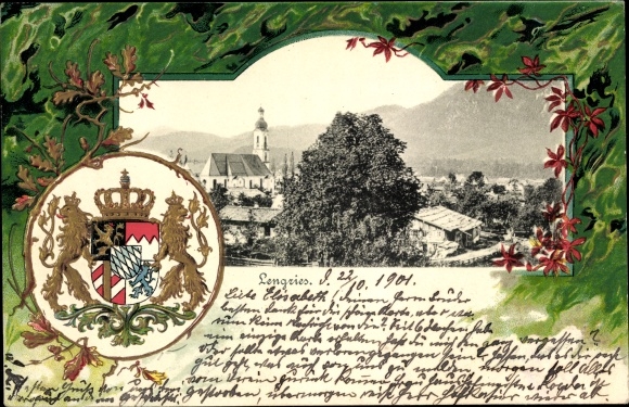 Embossed coat of arms Passepartout PC Lenggries in Oberbayern, partial view, church